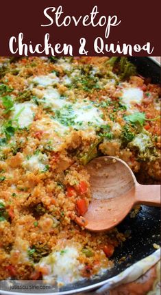 chicken and quinoa casserole is shown with a wooden spoon in it