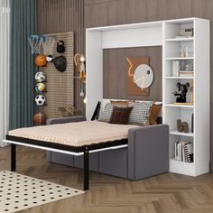 a living room filled with furniture and a book shelf next to a bed on top of a hard wood floor