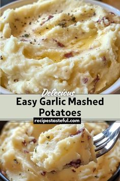 mashed potatoes in a white bowl with a fork and text overlay that reads delicious easy garlic mashed potatoes