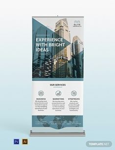 a roll up banner with an image of skyscrapers in the background and text that reads experience with bright ideas