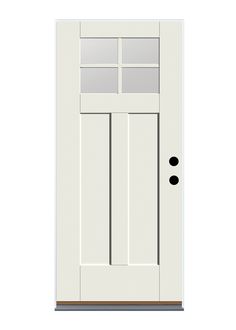 a white door with two black knobs on the front and side paneling,