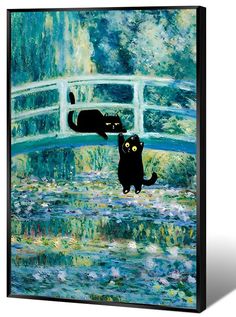 two black cats sitting on top of a bridge next to water lilies and lily pads