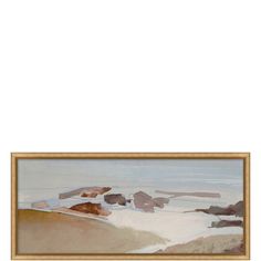 an abstract painting with white and brown colors on the ground, in a gold frame