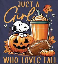 a snoopy dog sitting on top of a pumpkin next to a cup with a drink