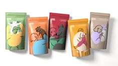 five different types of pouches with cartoon characters on the front and back, lined up against a white background