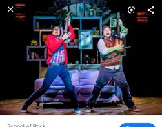 two men are performing on stage in front of a couch with the caption school of rock