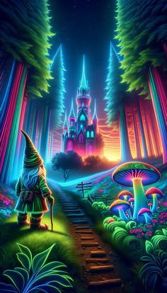 the wizard's castle is lit up at night with colorful lights and trees around it