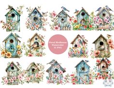 watercolor birdhouses with flowers and birds on them, all painted in different colors