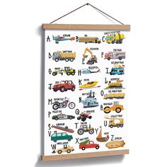 a wooden frame hanging on the wall with cars and trucks written in large capital letters