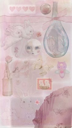 a collage of pink and white images with hearts, flowers, and other things