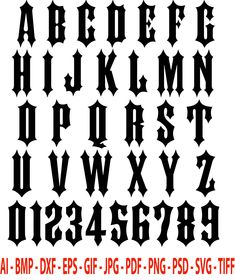 the letters and numbers in gothic style are black on white with red lettering, as well as