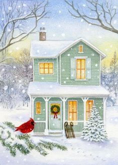 a painting of a green house with a red cardinal sitting on the front porch in the snow