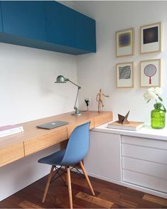 a blue chair sitting in front of a wooden desk