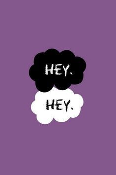 the words hey written in black and white on a purple background with clouds above it