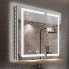 a bathroom mirror with lights on above it