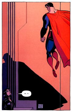 a comic book page with a superman flying through the air and another man standing in front of