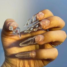 Clear Y2k Nails, Clear Aura Nails, Glass Manicures, Faerie Aesthetic Nails, Claws Nails Aesthetic, Grunge Fairy Core Nails Acrylic, Almond Acrylic, Crazy Nail Art, Transparent Nails