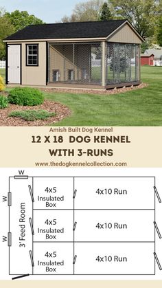 the dog kennel with 3 runs is shown in two sizes and has an enclosed area for