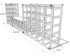 a drawing of a book shelf with shelves on each side and the measurements below it