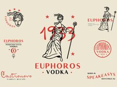 the logos for various types of vodkas and beverages are shown in black and white