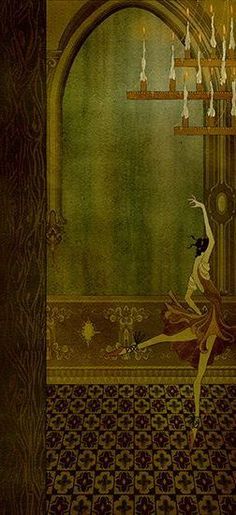 a painting of a ballerina dancing in front of a chandelier with candles