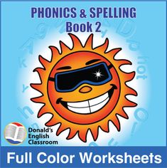 the book cover for phonics and spelling book 2 with an image of a smiling sun