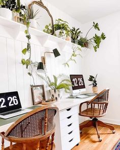 a desk with two chairs and some plants on the wall above it, next to a laptop computer