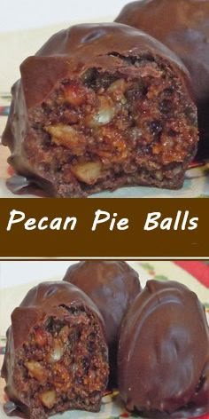 two pictures of pecan pie balls on a plate