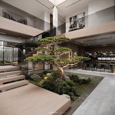 a bonsai tree sitting in the middle of a room with stairs leading up to it