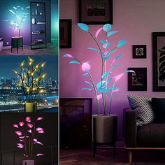 three different pictures of a living room with pink and blue lights