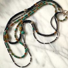 This Unique Necklace Has All Different Semi-Precious Stone Beads, Turquoise, Jade, Onyx, Citrine Hand Carved Beads. Designed By Christopher Snow From Jaipur Sas In Bolzano. Paid $450 Snow Jewelry, Jewerly Making, Unique Necklace, Unique Necklaces, Bead Necklace, Stone Beads, Black Green, Jaipur, Long Necklace