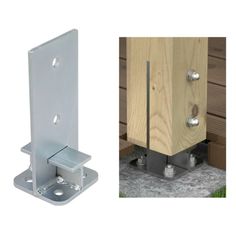 two different types of metal brackets on the side of a wooden building and one is attached to a door