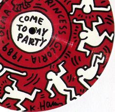 a red and white plate with some black and white designs on it that says come to tony party