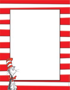 the cat in the hat is holding up a white board with red stripes on it