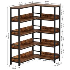 the shelving unit is made from wood and metal with four shelves on each side