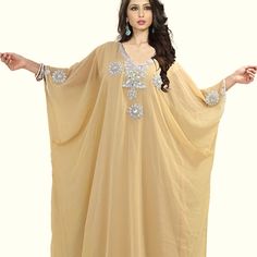 New Item, Did Not Come With Tags But Has Never Been Worn. I Bought It For A Party That Ended Up Being Canceled Beautiful Beige Kaftan/Arabic Style Dress Perfect For Henna Party, Bridal Shower, Dinners, Etc. Could Also Be Worn As Swimsuit Coverup, Resort/Beach Wear One Size Matching Slip With Tie Back Included Georgette/Chiffon Fabric Length 58” To 60” Pull On Style Rhinestone Detailing, Hand Embroidered I Showed Some Pictures Of The Black Version To Show The Jewel Detailing, But Please Note The Floor-length Georgette Kaftan For Spring, Floor-length Chiffon Kaftan For Weddings, Summer Long Sleeve Georgette Kaftan, Traditional Georgette Maxi Dress, Elegant Chiffon Kaftan, Summer Wedding Floor-length Abaya, Georgette Abaya For Eid, Elegant Eid Kaftan Free Size, Long Chiffon Kaftan For Eid