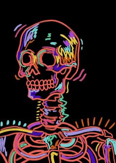 a drawing of a skeleton with colorful lines on it's chest and back, against a black background