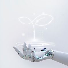 a robotic hand holding a glass plate with a plant in the middle and dots above it