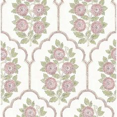 a wallpaper with pink flowers and green leaves on white background, in an ornate pattern