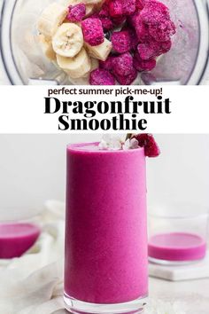 a smoothie in a blender with bananas and raspberries on top, next to the recipe for dragonfruit smoothie