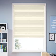 a bedroom with blue walls and white blinds on the windowsill, along with bookshelves