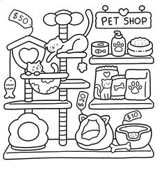 a black and white drawing of a pet shop