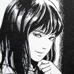 a black and white drawing of a girl with long hair looking at the camera while holding her hand to her chin