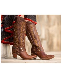 Junk Gypsy by Lane Women's Vagabond Harness Western Boots - Snip Toe, Brown Western Brown Boots With Stacked Heel, Western Leather Knee-high Boots For Ranch, Leather Western Knee-high Boots For Ranch, Brown Snip Toe Heeled Boots With Stacked Heel, Brown Snip Toe Boots With Stacked Heel, Brown Moto Boots With Stacked Heel And Snip Toe, Brown Snip Toe Moto Boots With Stacked Heel, Brown Pointed Toe Heeled Boots For Rodeo, Brown Leather Heeled Boots For Western-themed Events