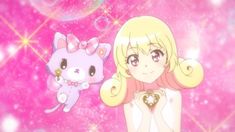 two anime characters are standing in front of a pink background with stars and sparkles