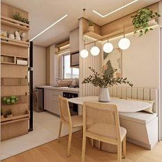 a dining room table and chairs in front of a kitchen with shelves on the wall