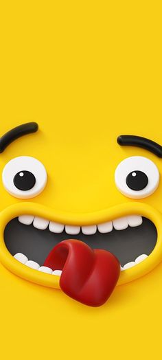 an animated yellow face with black eyes and red tongue sticking out from the middle of it's mouth