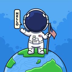 an astronaut is standing on top of the earth with his arms in the air and holding a flag