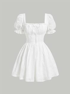 Eyelet Embroidery Puff Sleeve Ruched Bust Dress White Cute  Short Sleeve Woven Fabric Plain A Line Non-Stretch  Women Clothing, size features are:Bust: ,Length: ,Sleeve Length: Eyelet Embroidery, Cute Dress Outfits, White Short Dress, Grad Dresses, Easy Trendy Outfits, Dress For Short Women, Puffy Sleeves, Mode Inspiration, Lookbook Outfits