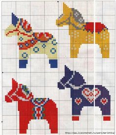 four cross stitch horses are shown in different colors and patterns, one is red, the other is blue